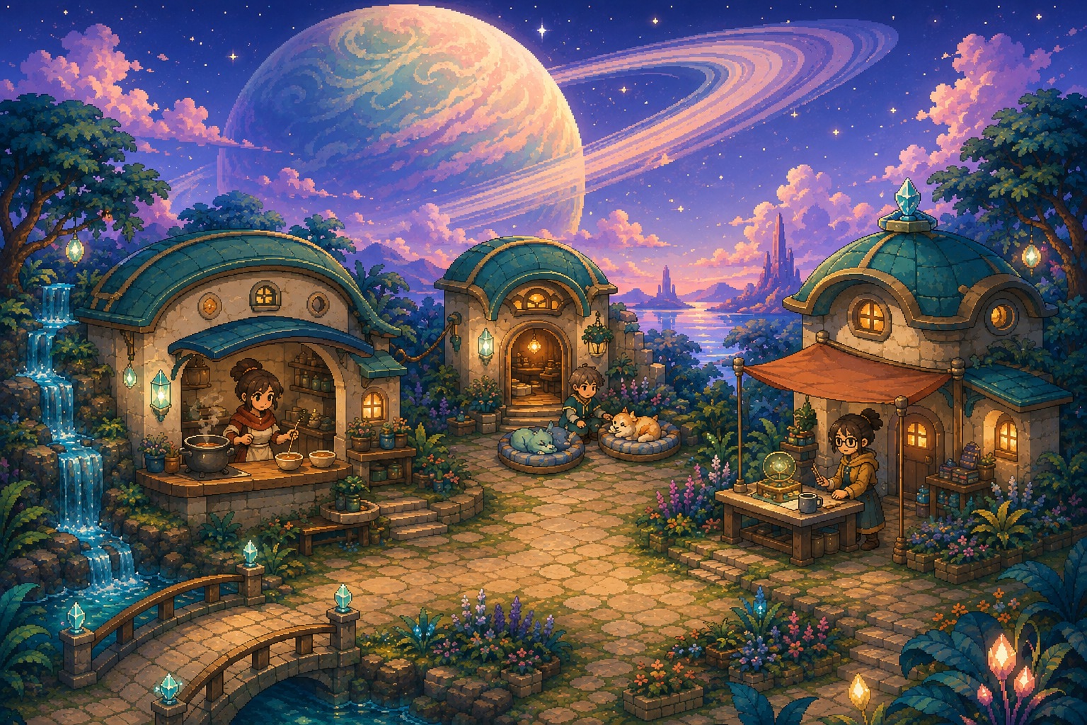 A lantern-lit village with unusual little companions beneath a vast ringed planet.